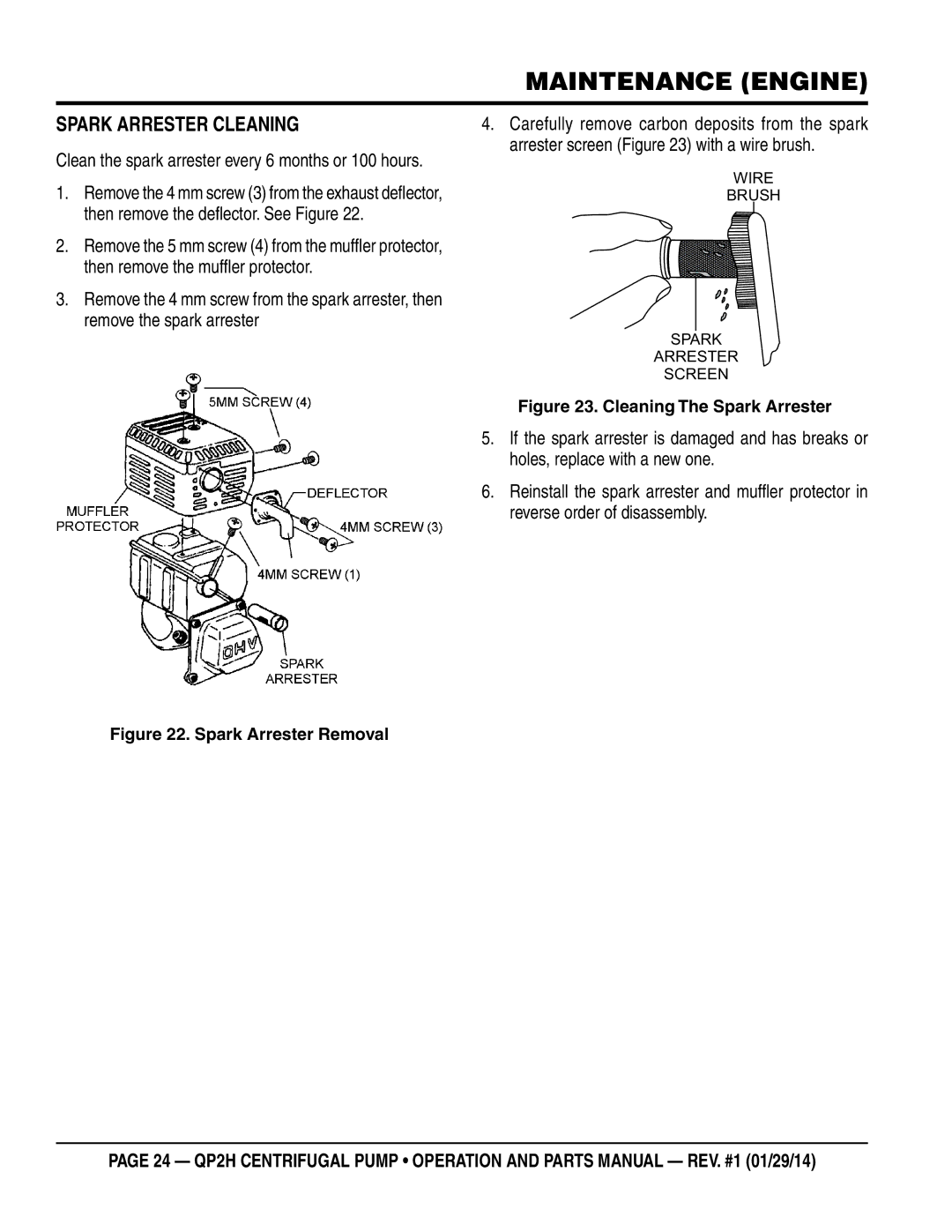 Multiquip QP2H manual Spark Arrester Cleaning, Spark Arrester Removal 