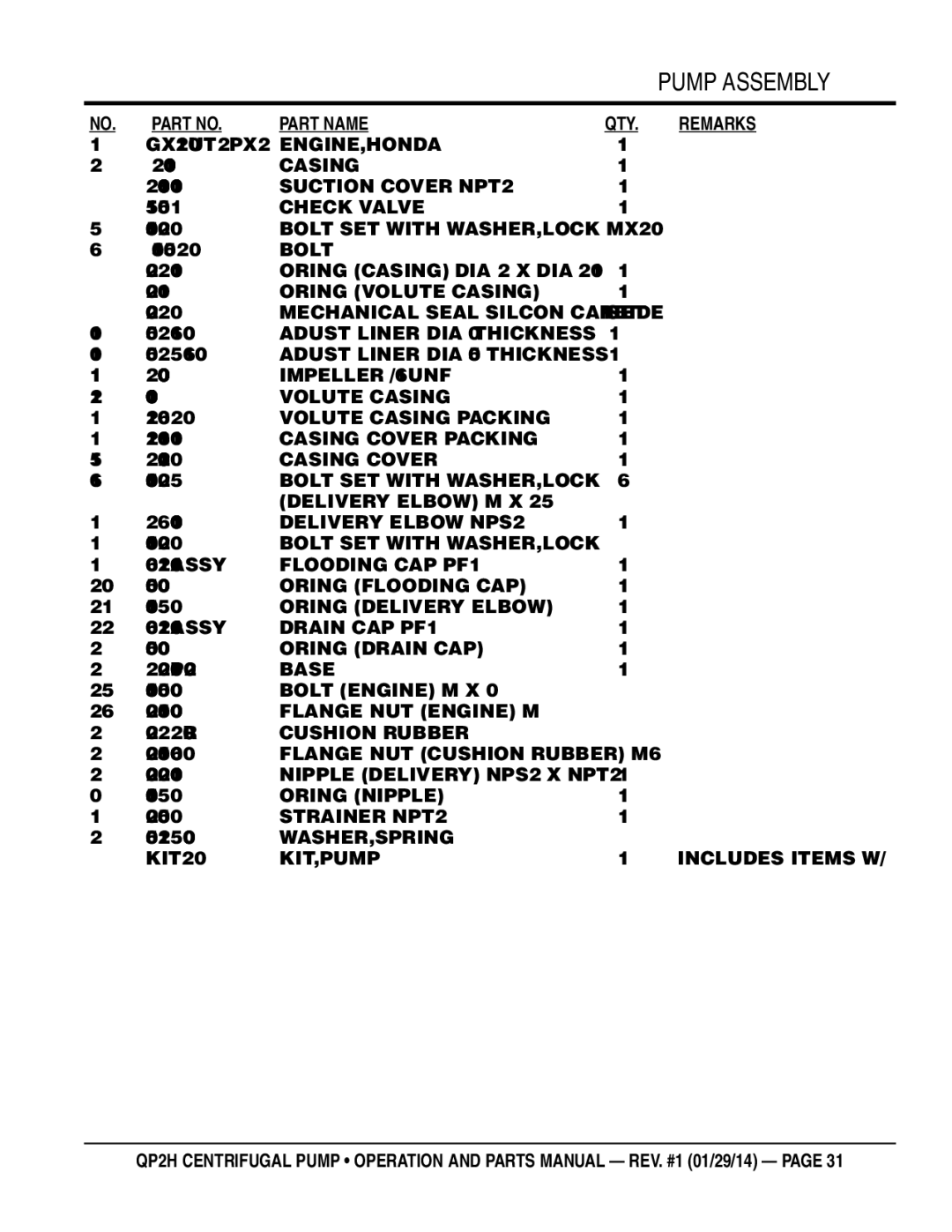 Multiquip QP2H 7204100010, 1889350351, 0181050820, 0191150520, 0489242100, 0489241780, 0803442320, 10% 0852831600, KIT204 