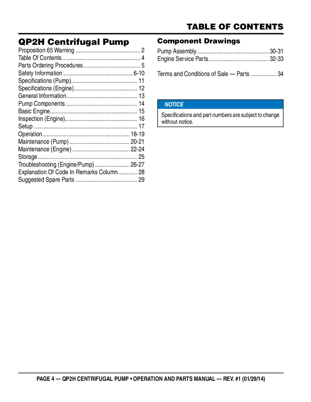 Multiquip manual QP2H Centrifugal Pump, Table of Contents 