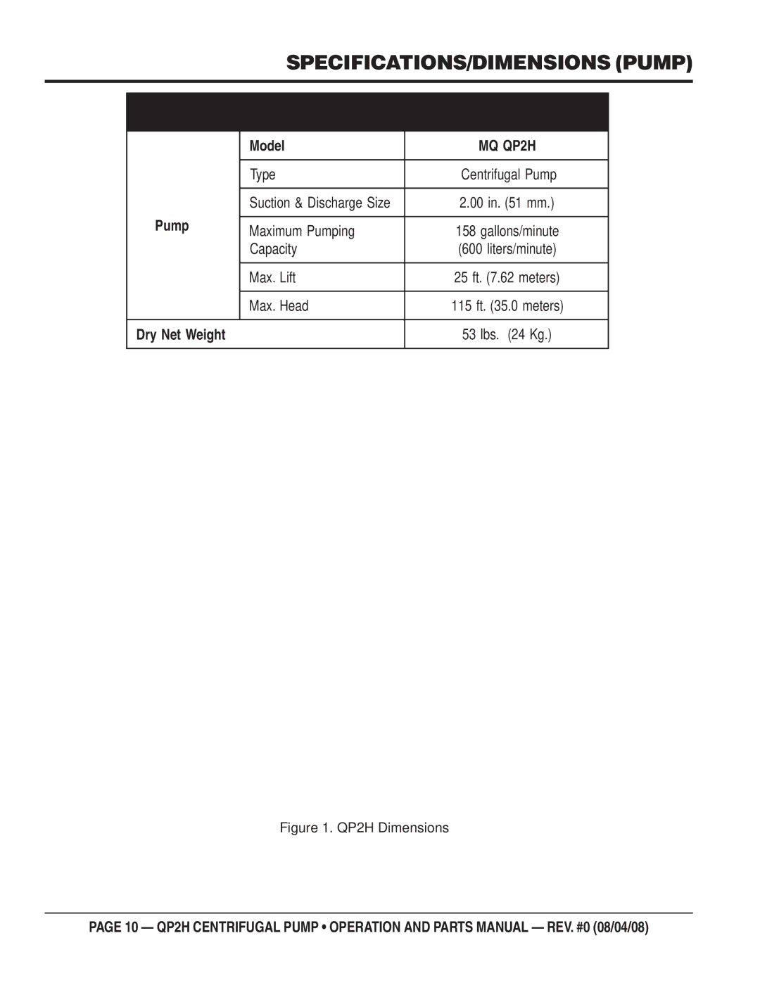 Multiquip QP2H manual SPECIFICATIONS/DIMENSIONS Pump 