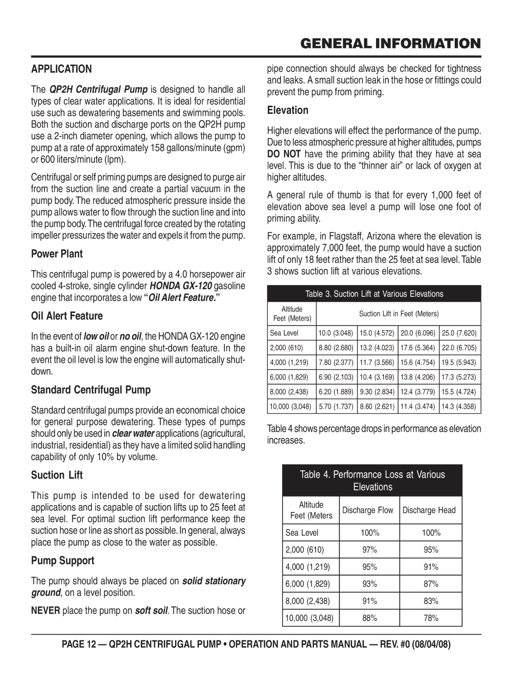 Multiquip QP2H manual General Information, Application 