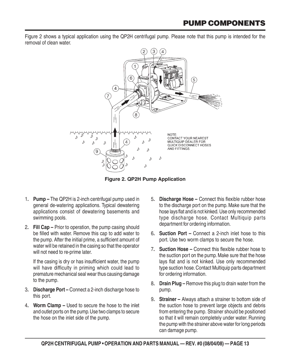 Multiquip QP2H manual Pump Components, Drain Plug Remove this plug to drain water from the pump 