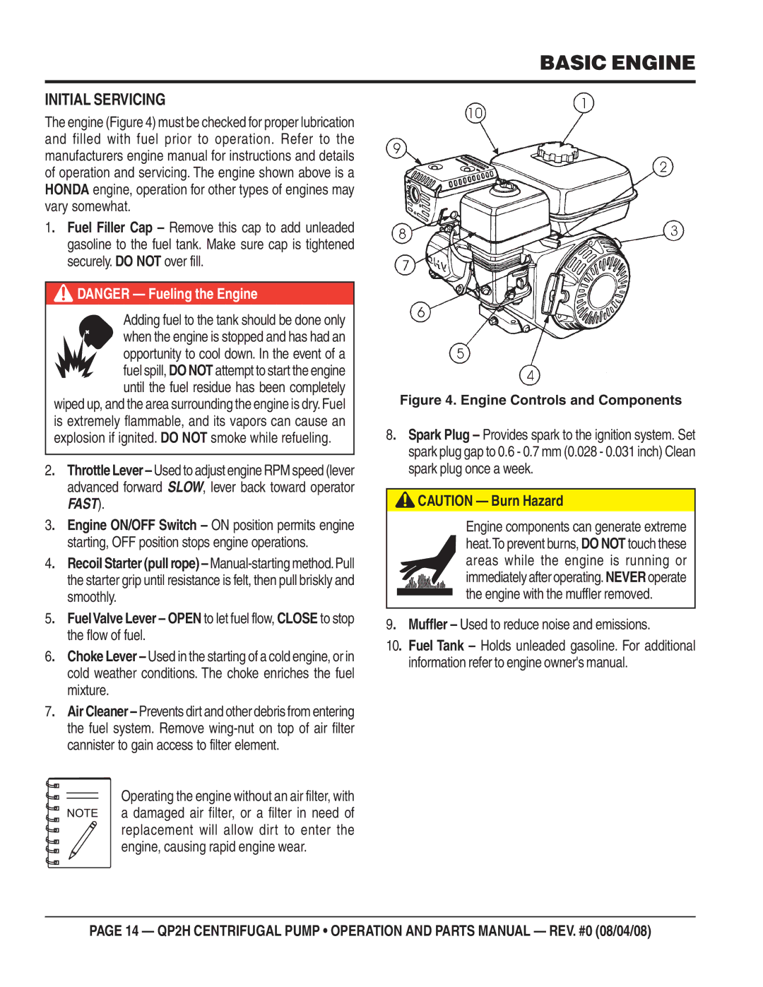 Multiquip QP2H manual Basic Engine, Initial Servicing, Muffler Used to reduce noise and emissions 