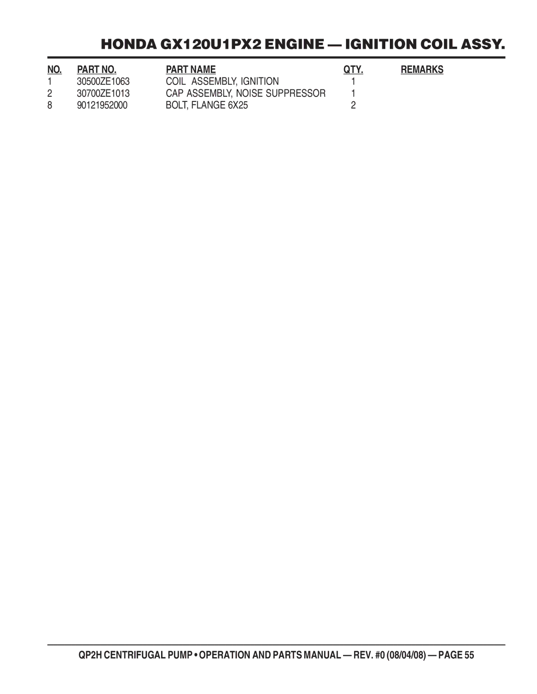 Multiquip QP2H manual 30500ZE1063, Coil ASSEMBLY, Ignition, 30700ZE1013, 90121952000 