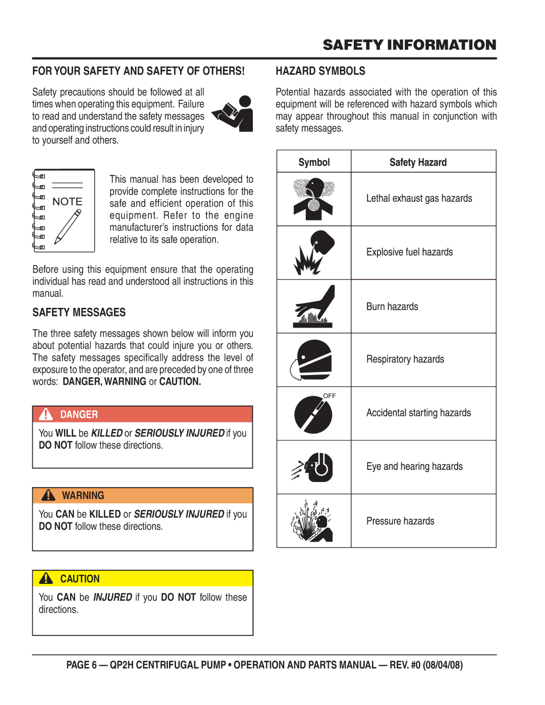 Multiquip QP2H manual Safety Information, Safety Messages, Hazard Symbols 