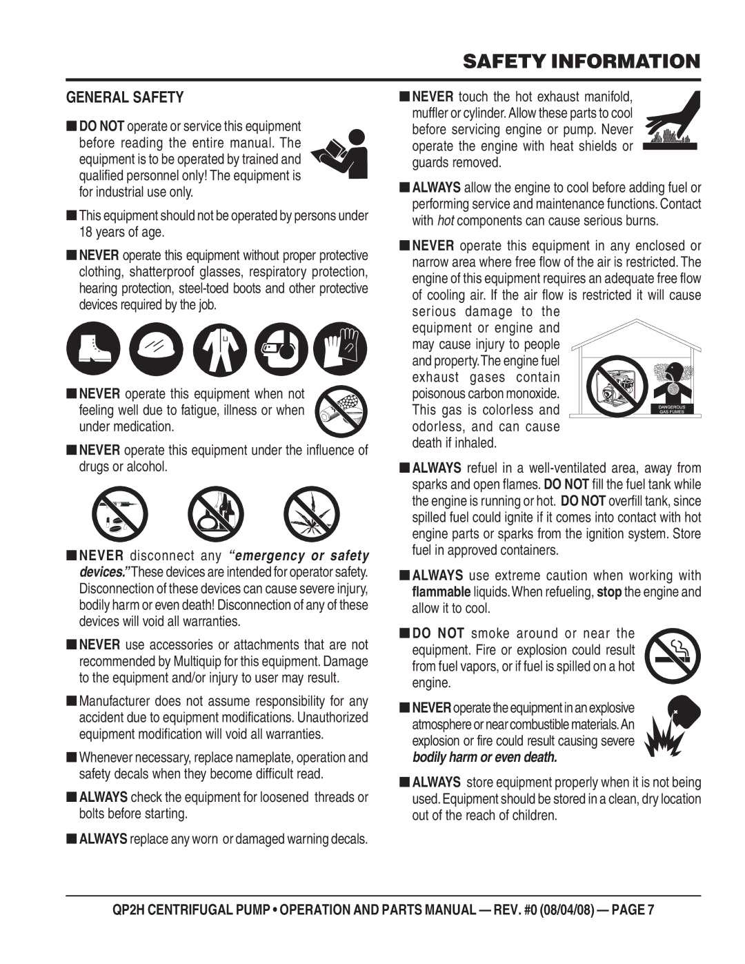 Multiquip QP2H manual General Safety, Do not operate or service this equipment, Equipment or engine 