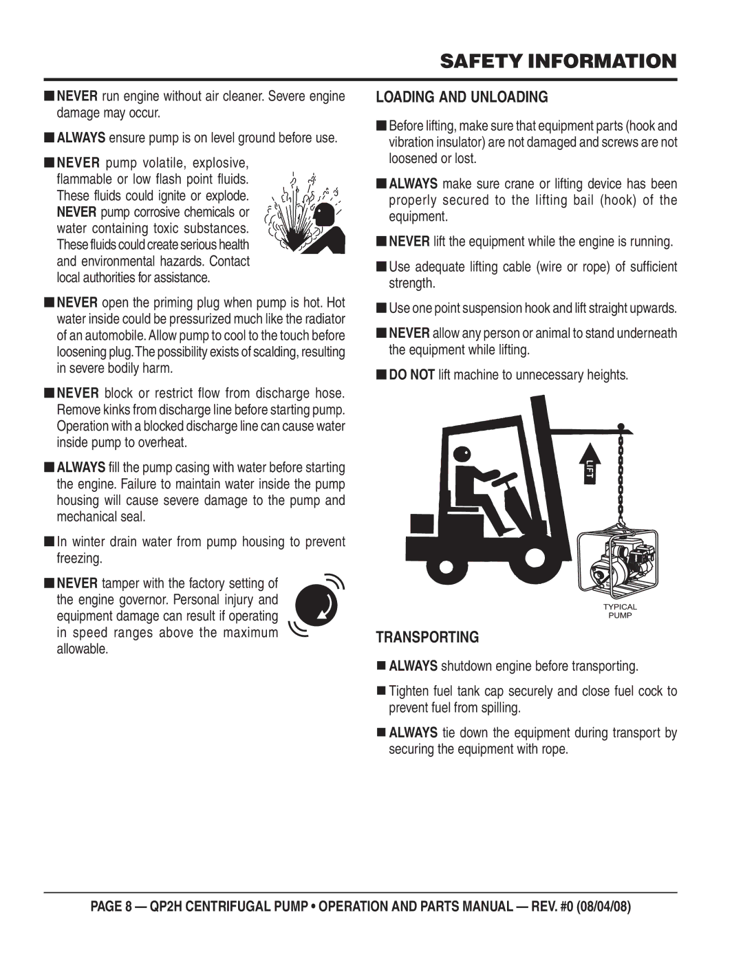 Multiquip QP2H manual Loading and Unloading, Transporting, Winter drain water from pump housing to prevent freezing 