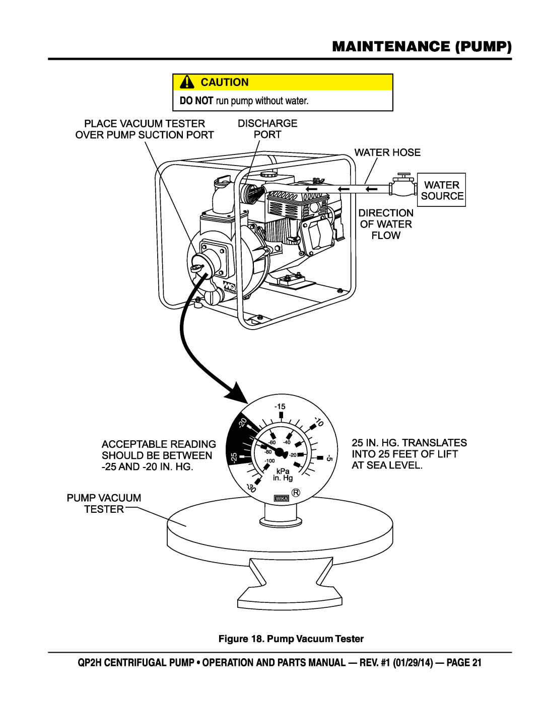 Multiquip QP2H manual Maintenance Pump, DO NOT run pump without water, Pump Vacuum Tester 