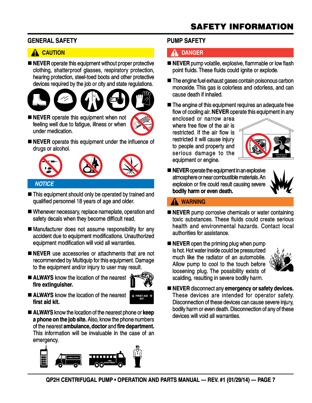Multiquip QP2H manual General Safety, Pump Safety, Safety Information, Notice, Danger 