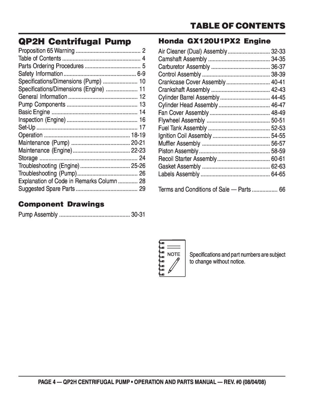 Multiquip manual Table Of Contents, Honda GX120U1PX2 Engine, Component Drawings, QP2H Centrifugal Pump 