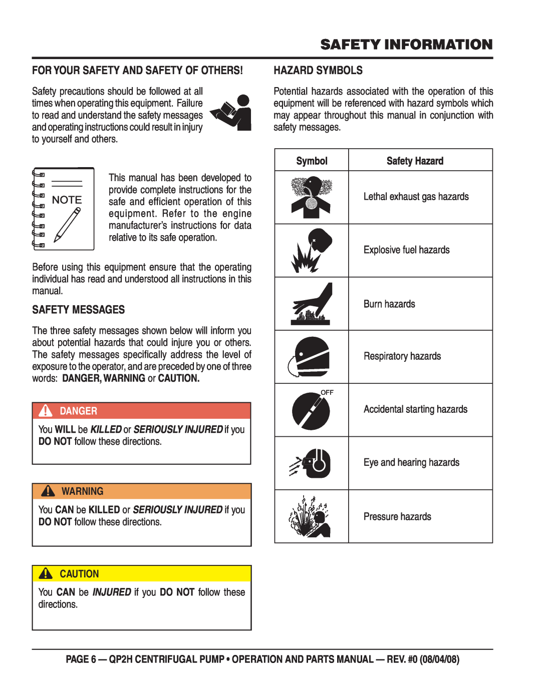 Multiquip QP2H manual Safety Information, Safety Messages, Hazard Symbols, For Your Safety And Safety Of Others, Danger 