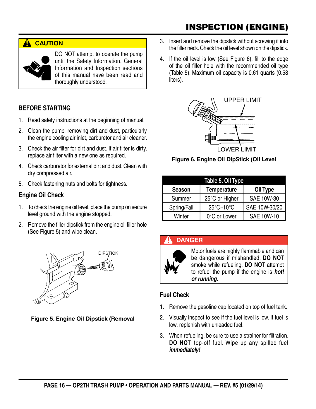 Multiquip QP2TH manual Inspection Engine, Before Starting, Oil Type, Season 