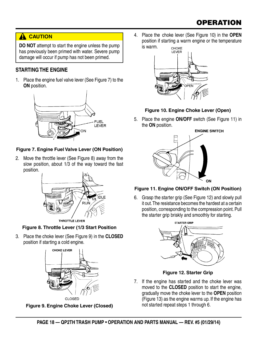 Multiquip QP2TH manual Operation, Starting the Engine, Place the engine fuel valve lever See to the on position 