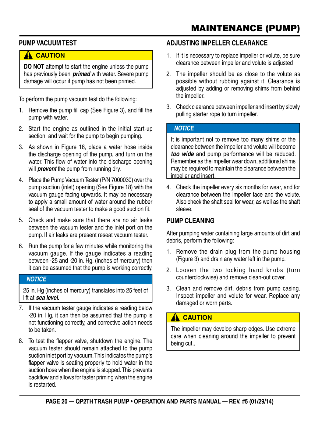 Multiquip QP2TH manual Maintenance Pump, Pump Vacuum Test, Adjusting Impeller Clearance, Pump Cleaning 