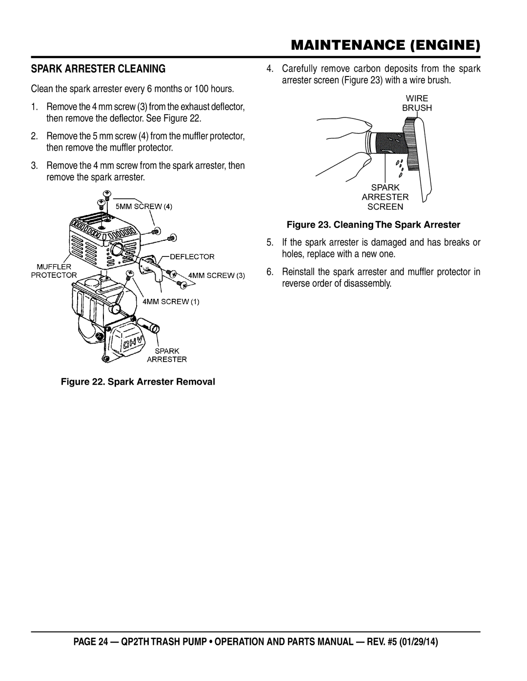 Multiquip QP2TH manual Spark Arrester Cleaning, Spark Arrester Removal 