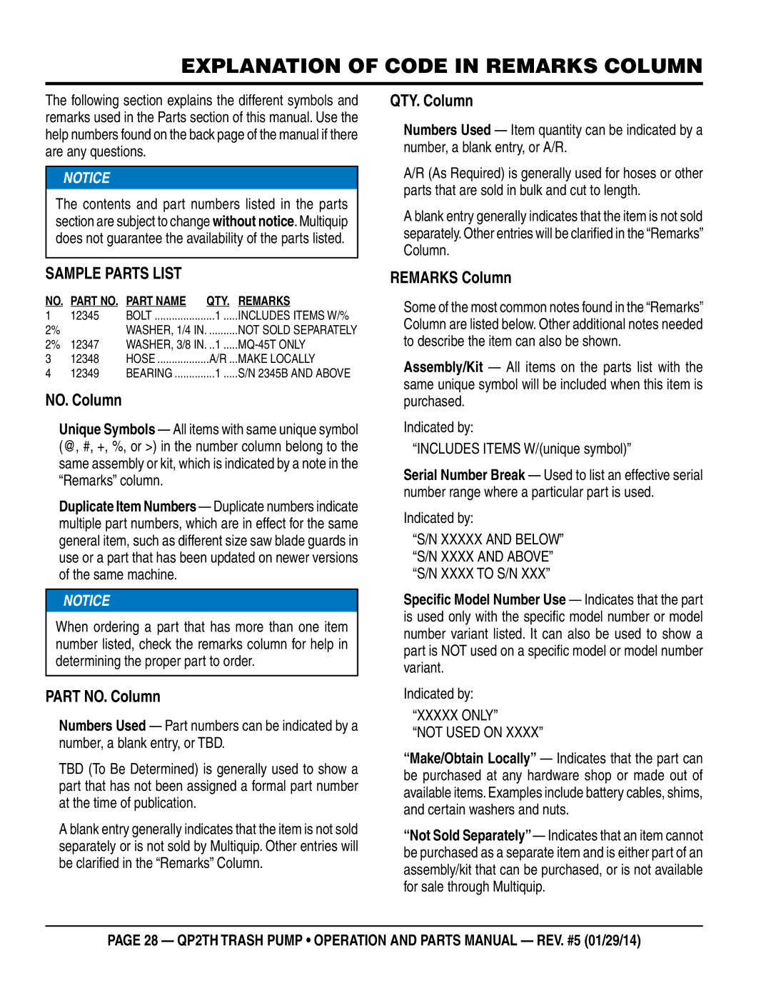 Multiquip QP2TH manual Explanation of Code in Remarks Column, Sample Parts List 