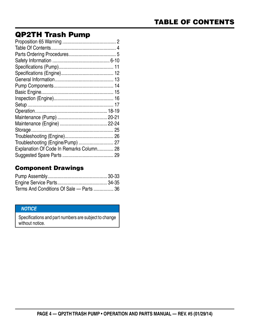 Multiquip manual QP2TH Trash Pump, Table of Contents 