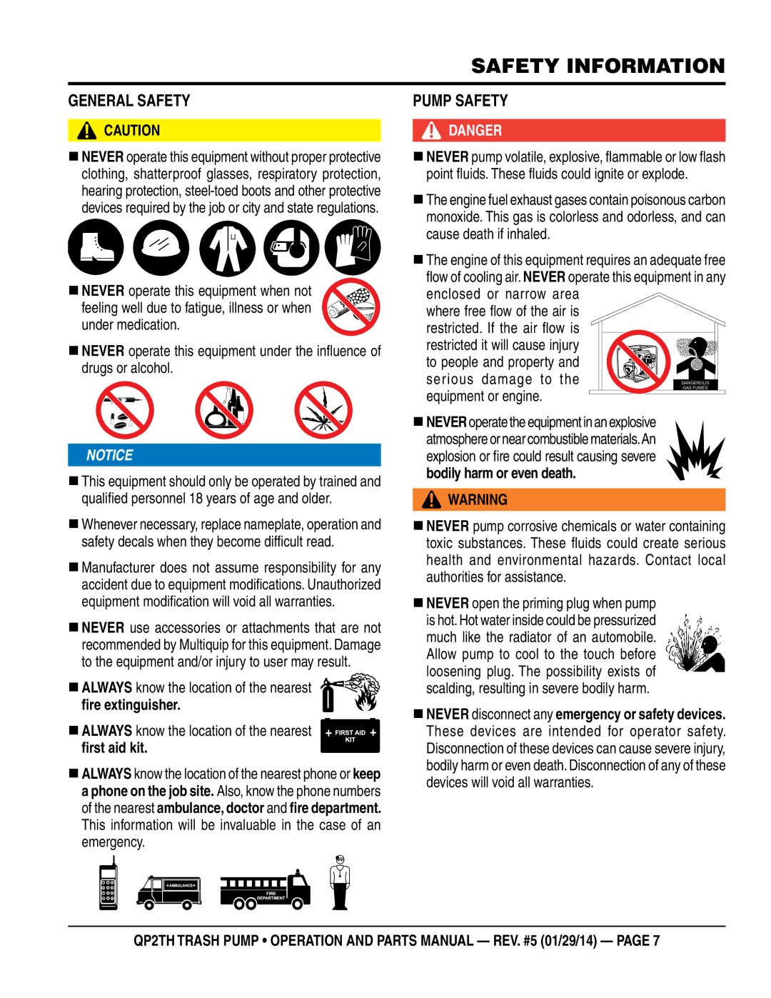 Multiquip QP2TH manual General Safety, Pump Safety, Serious damage to the equipment or engine 