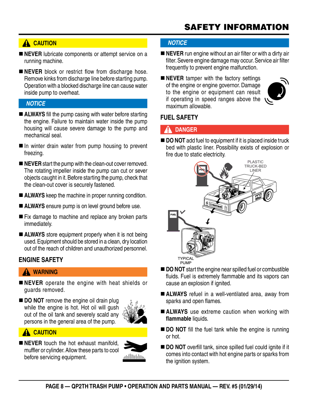 Multiquip QP2TH manual Engine Safety, Fuel Safety, Before servicing equipment 