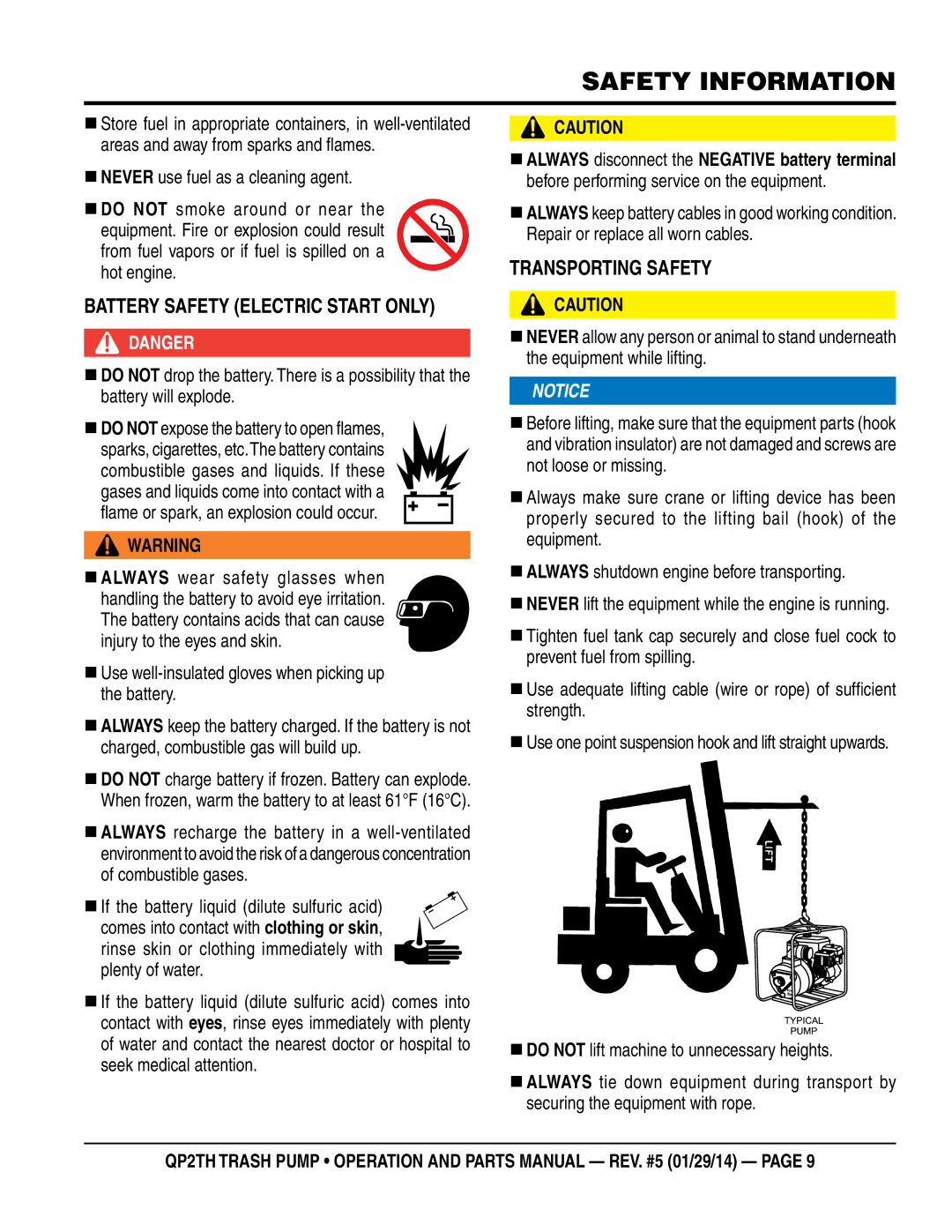 Multiquip QP2TH manual Battery Safety Electric Start only, Transporting Safety 