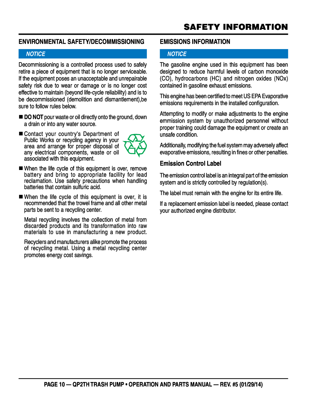 Multiquip QP2TH manual Emissions Information, Emission Control Label, Safety Information 