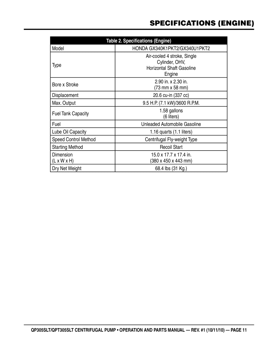 Multiquip QPT305SLT, QP305SLT manual Specifications Engine 