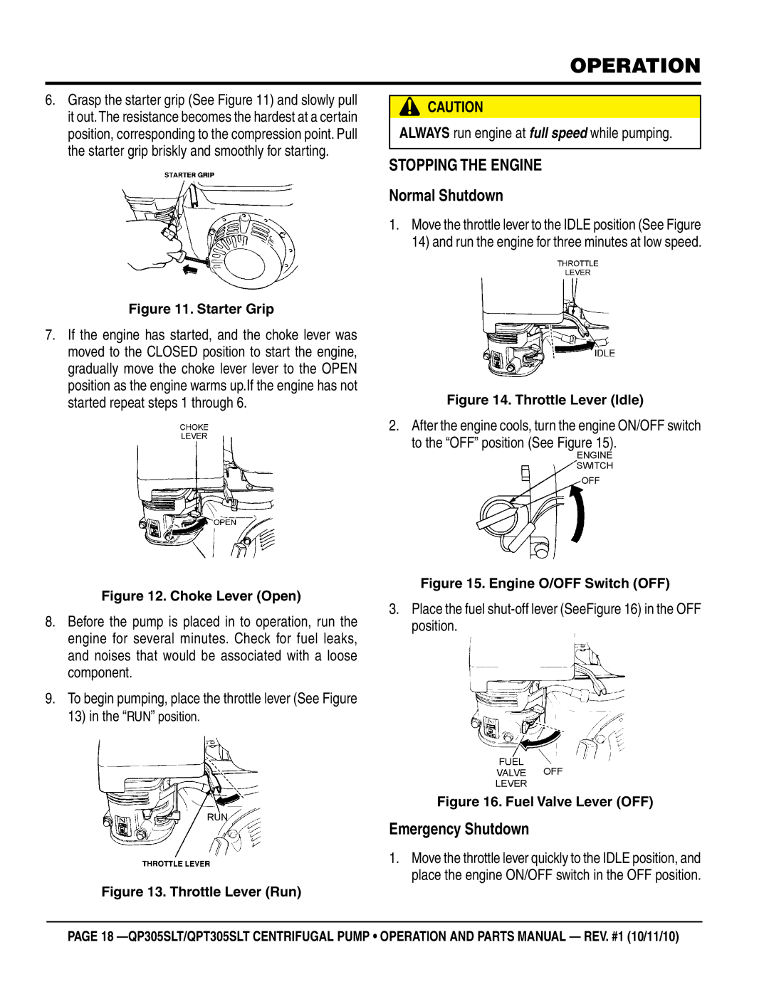 Multiquip QP305SLT, QPT305SLT manual Stopping the Engine Normal Shutdown, Emergency Shutdown 