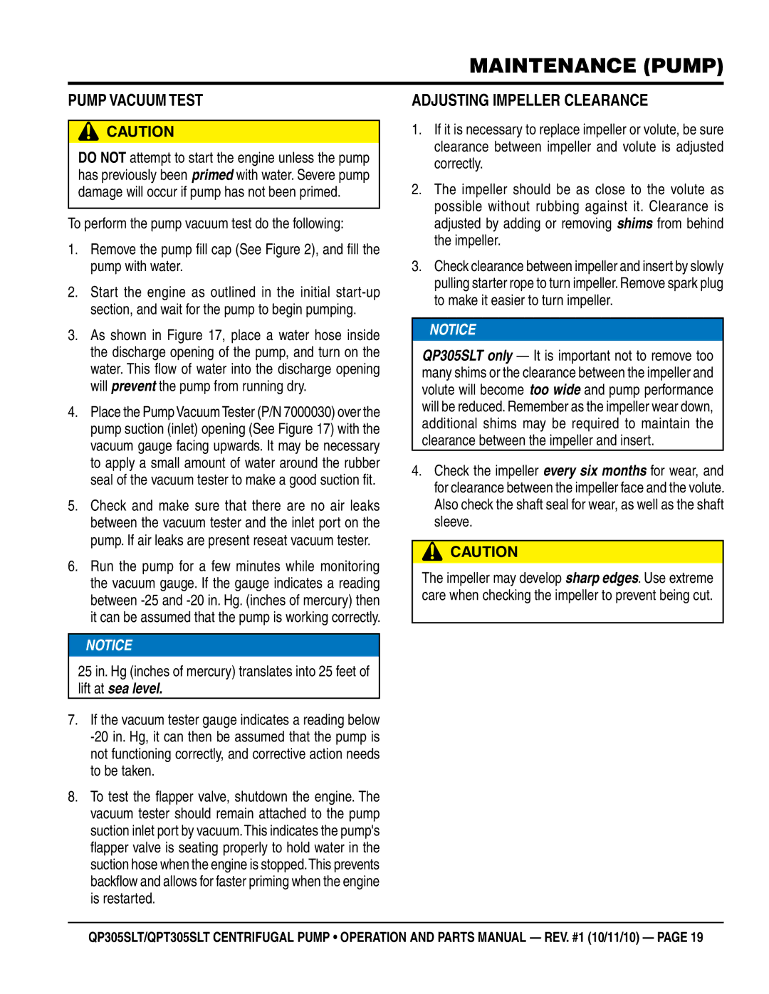 Multiquip QPT305SLT, QP305SLT manual Maintenance pump, Pump Vacuum Test, Adjusting Impeller Clearance 