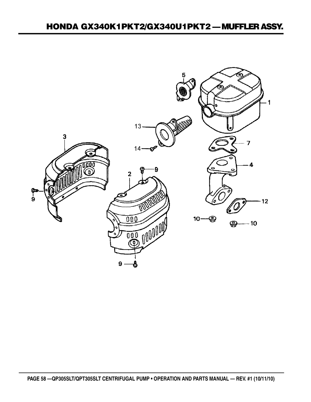 Multiquip QP305SLT, QPT305SLT manual Honda GX340K1PKT2/GX340U1PKT2 muffler assy 