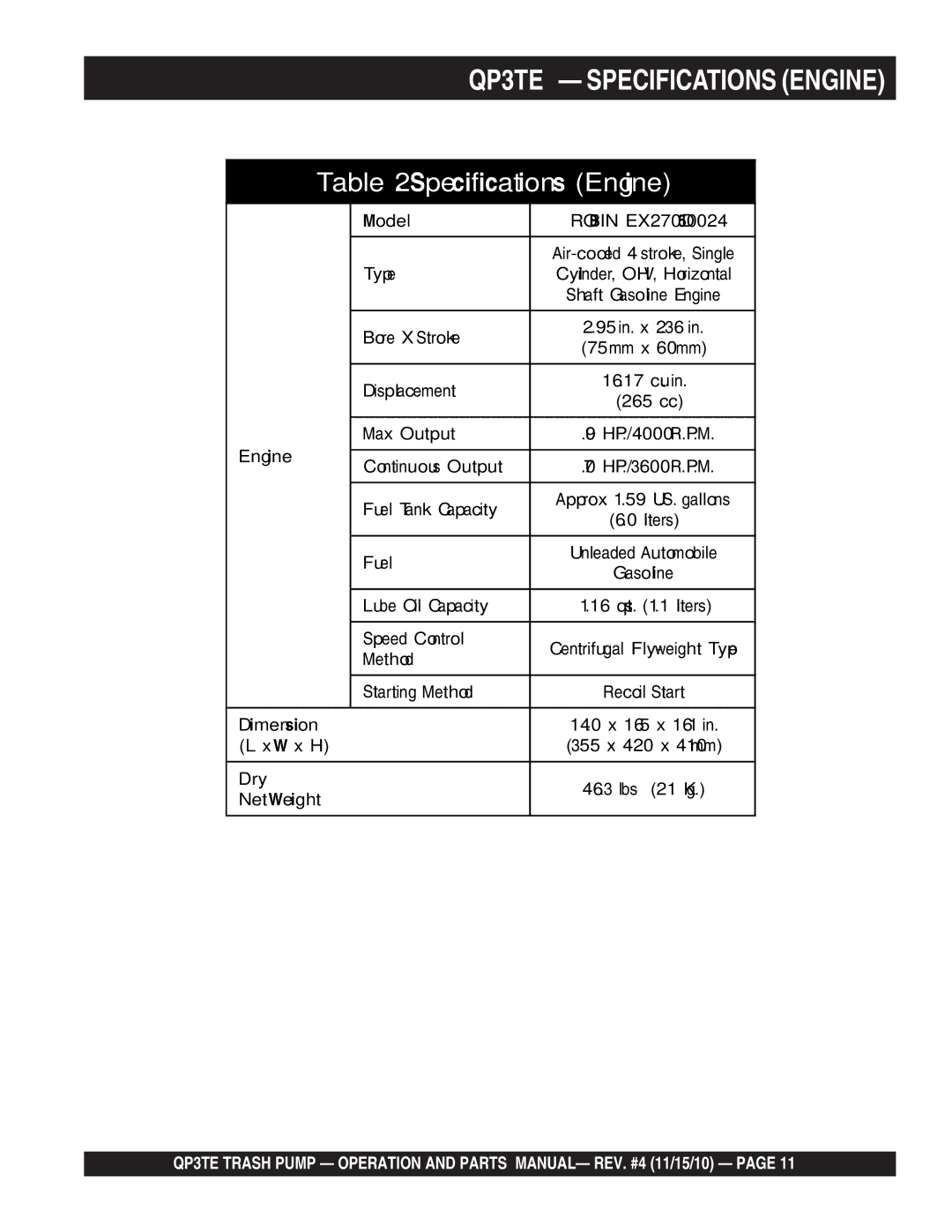 Multiquip manual QP3TE Specifications Engine 