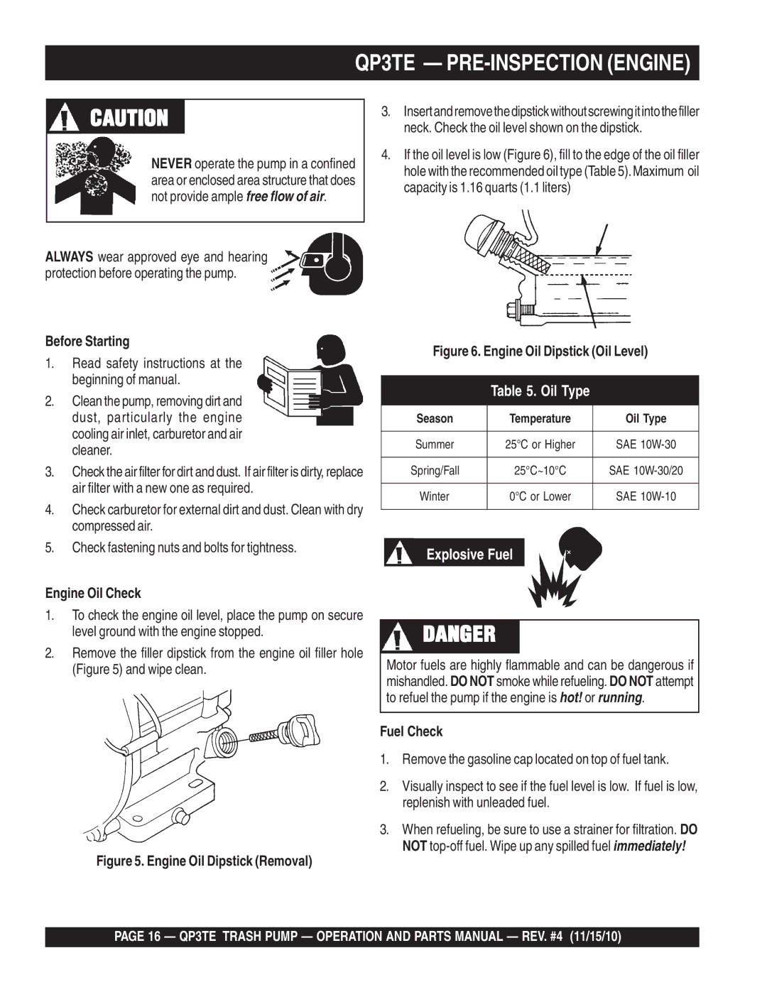 Multiquip manual QP3TE PRE-INSPECTION Engine, Before Starting 