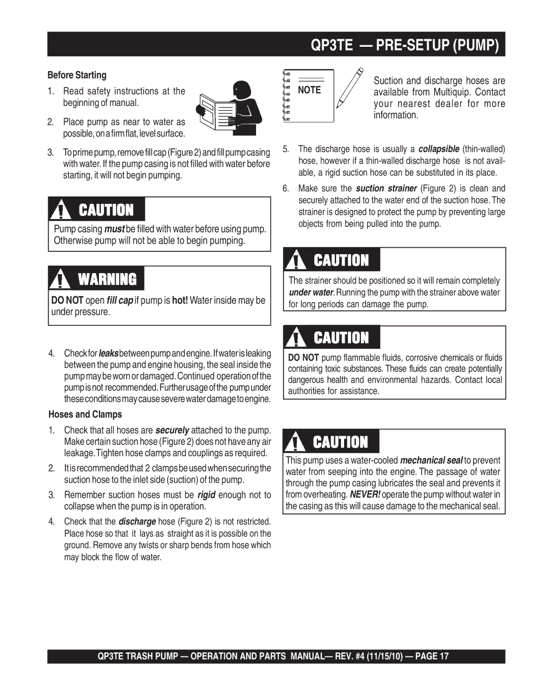 Multiquip QP3TE PRE-SETUP Pump, Read safety instructions at the beginning of manual 