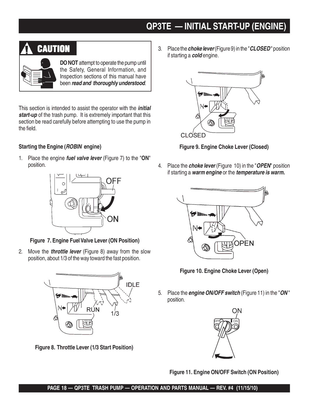 Multiquip manual QP3TE Initial START-UP Engine, Starting the Engine Robin engine 