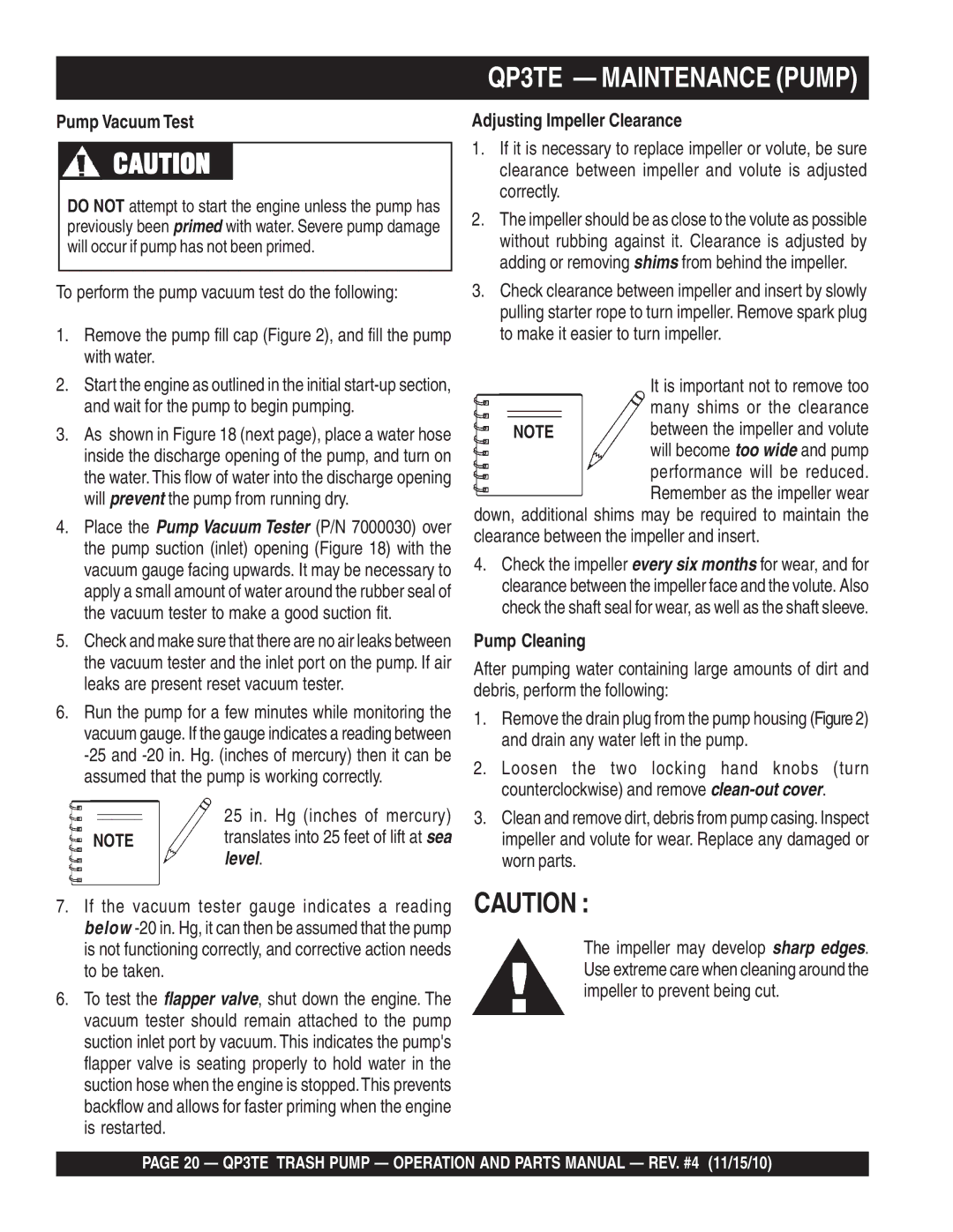 Multiquip manual QP3TE Maintenance Pump, Pump Vacuum Test 