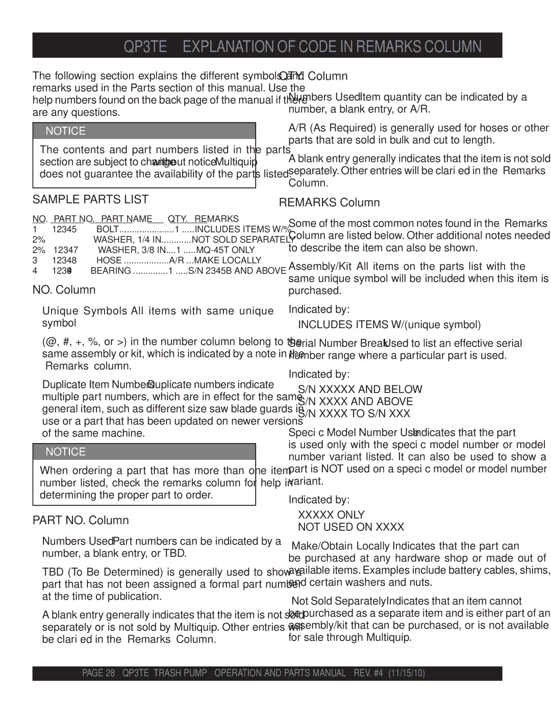 Multiquip manual QP3TE Explanation of Code in Remarks Column, QTY. Column 