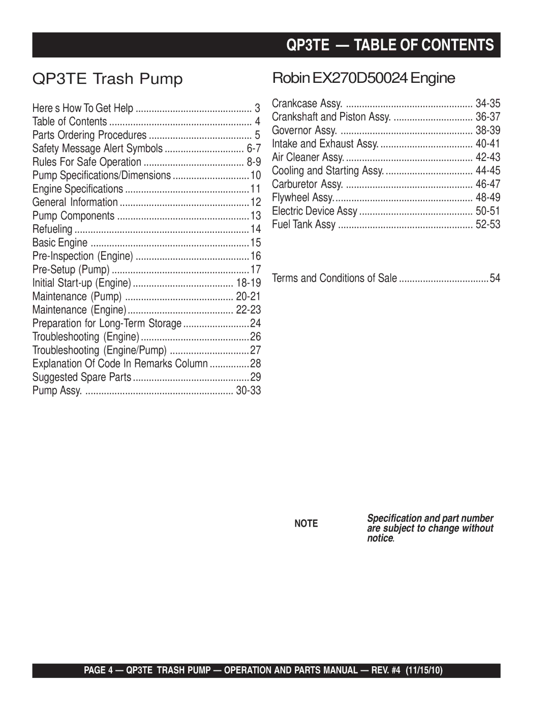 Multiquip manual QP3TE Table of Contents 