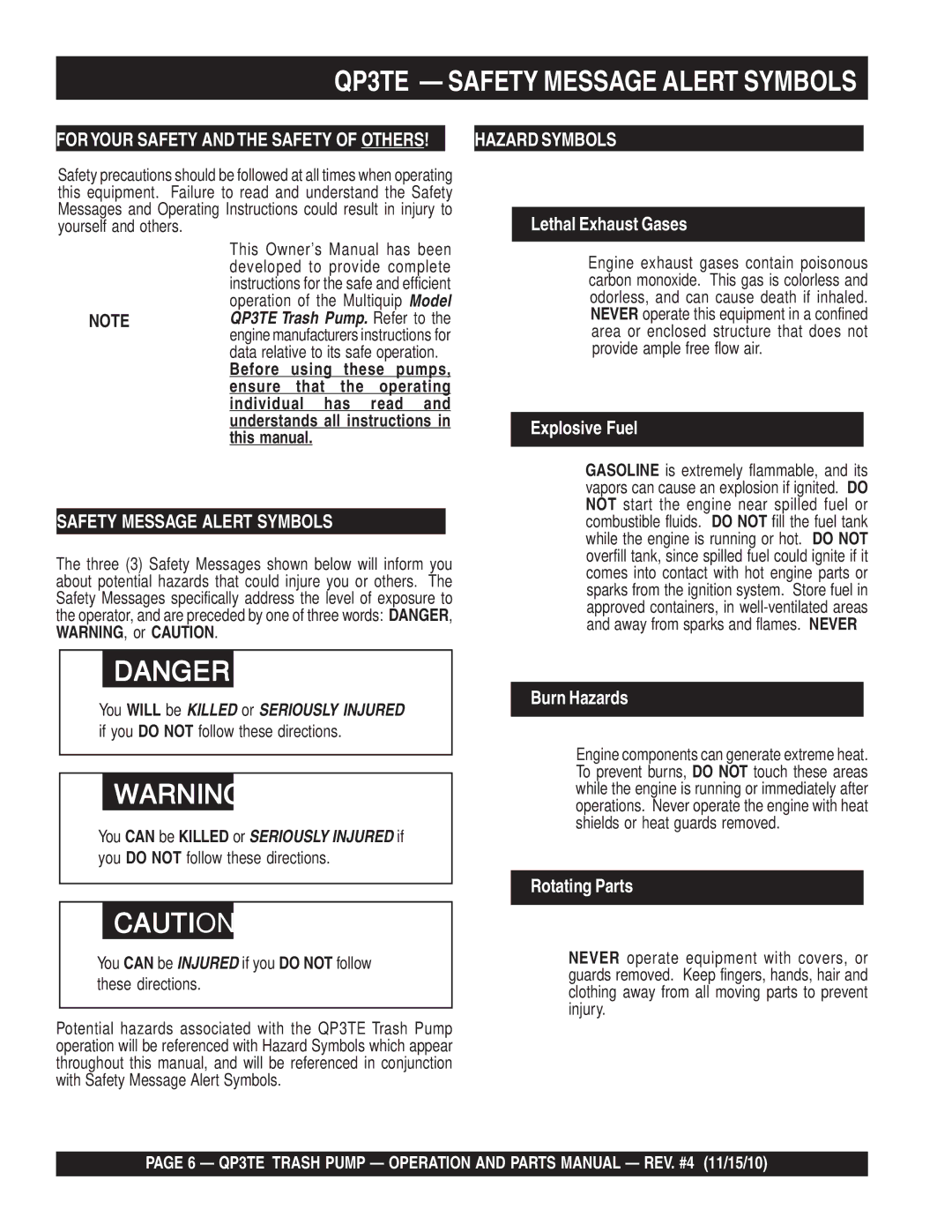 Multiquip manual QP3TE Safety Message Alert Symbols, Hazard Symbols 