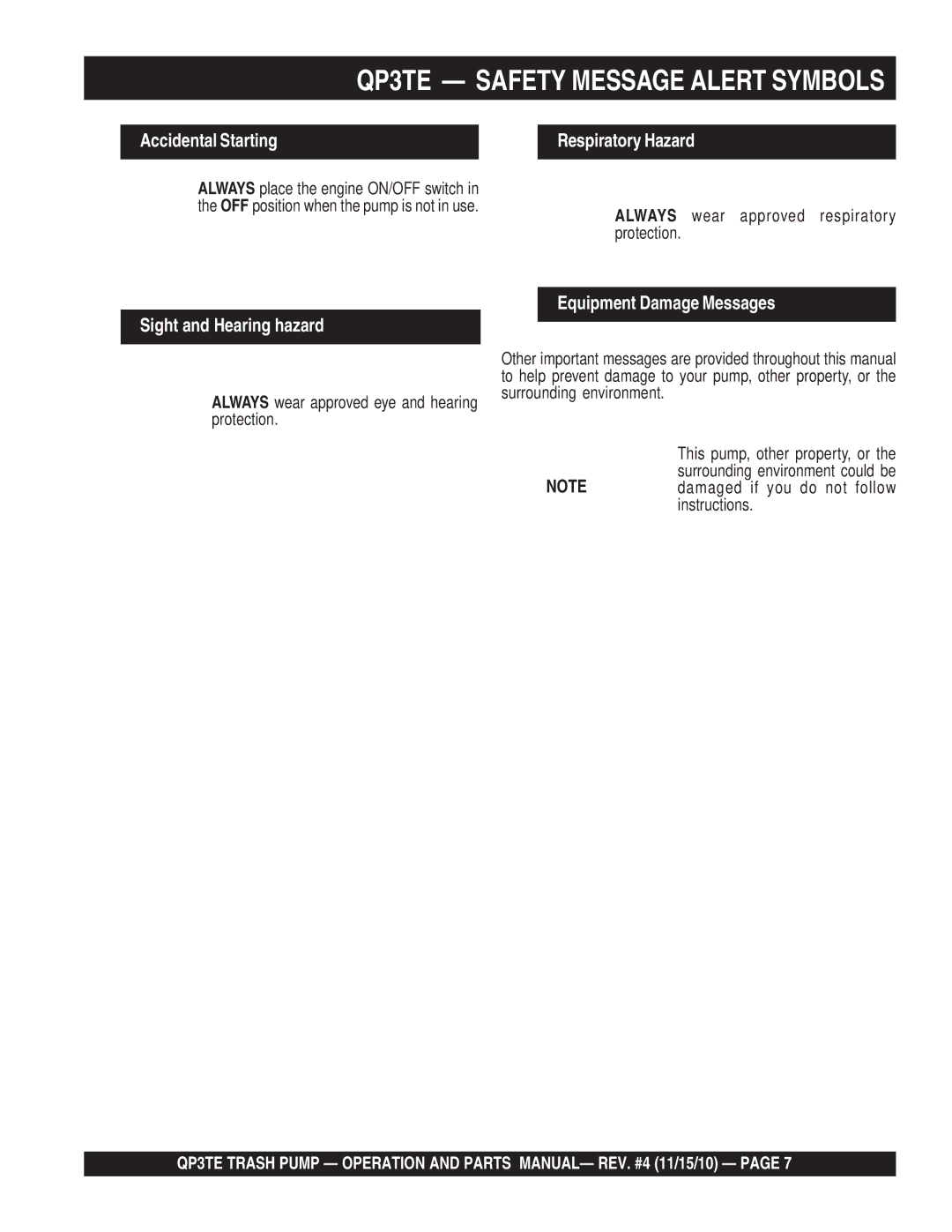 Multiquip manual QP3TE Safety Message Alert Symbols, Sight and Hearing hazard Equipment Damage Messages 