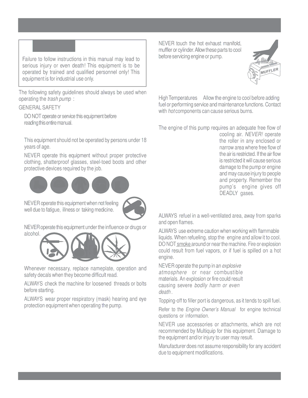 Multiquip QP3TE manual Rules for Safe Operation, General Safety 