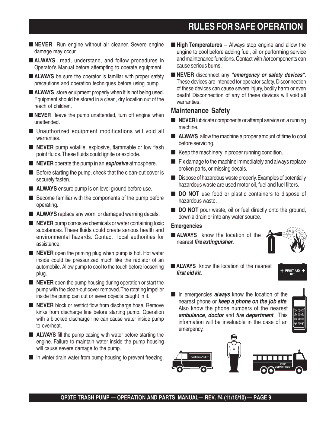 Multiquip QP3TE manual Rules for Safe Operation, Maintenance Safety 