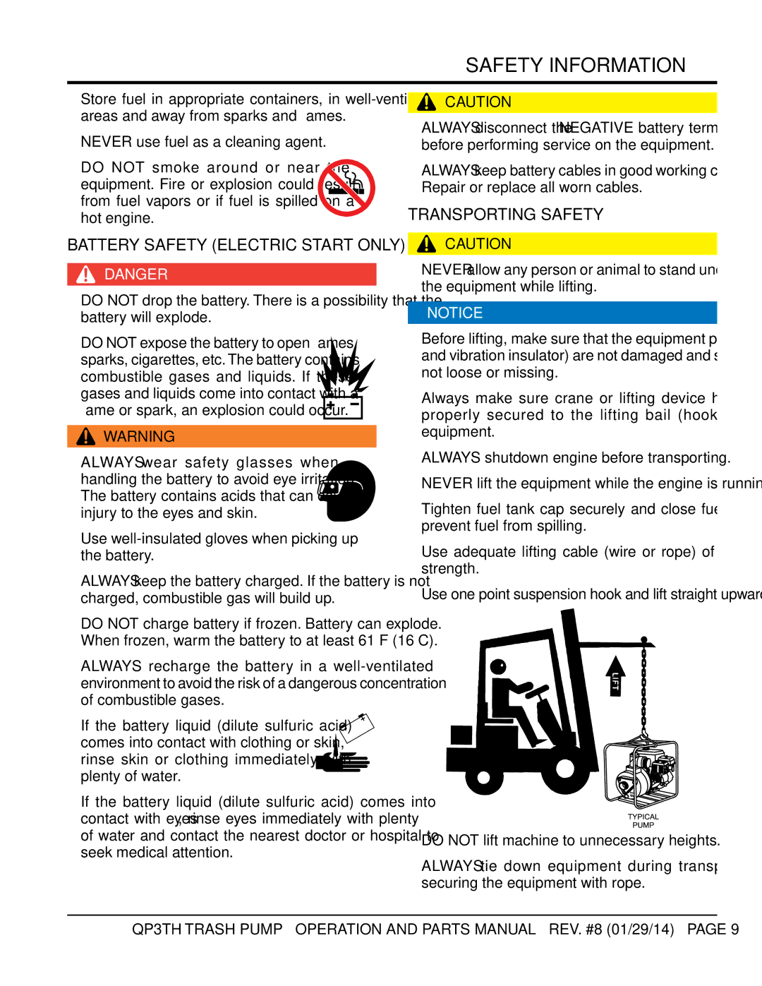 Multiquip QP3TH manual Battery Safety Electric Start only, Transporting Safety 