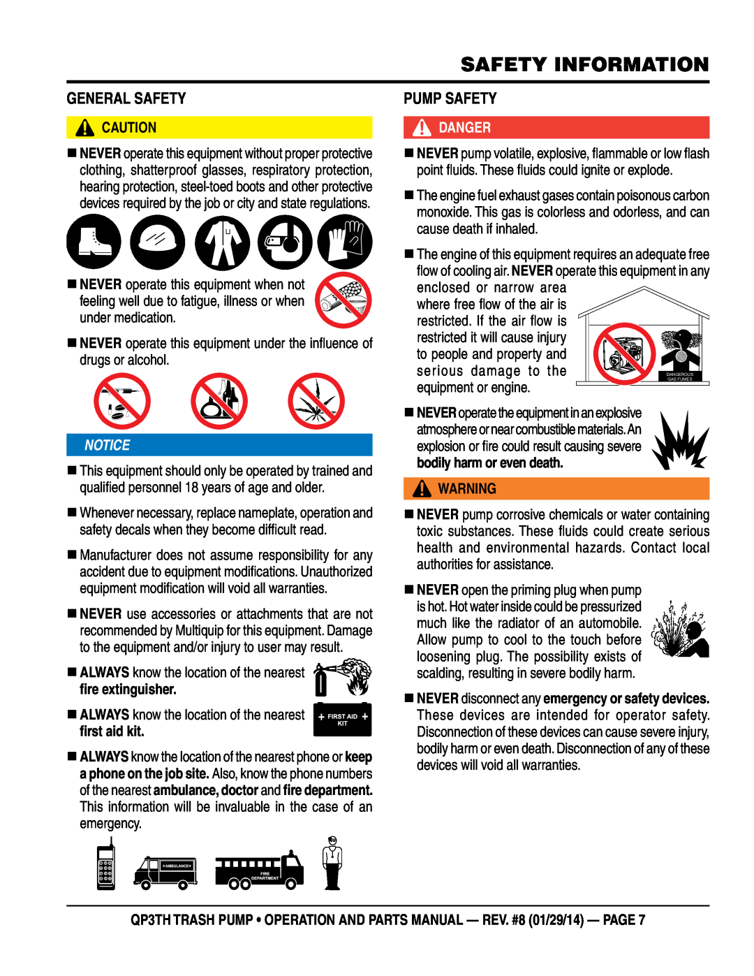 Multiquip QP3TH manual General Safety, Pump Safety, Safety Information, Danger 