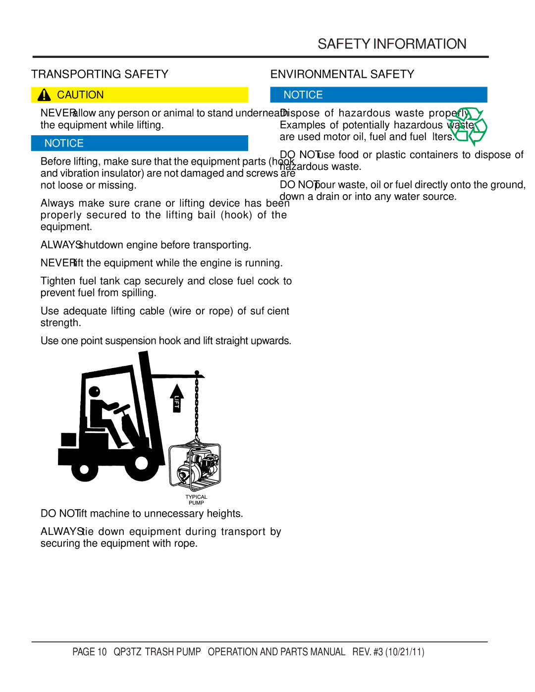 Multiquip QP3TZ manual Transporting Safety 