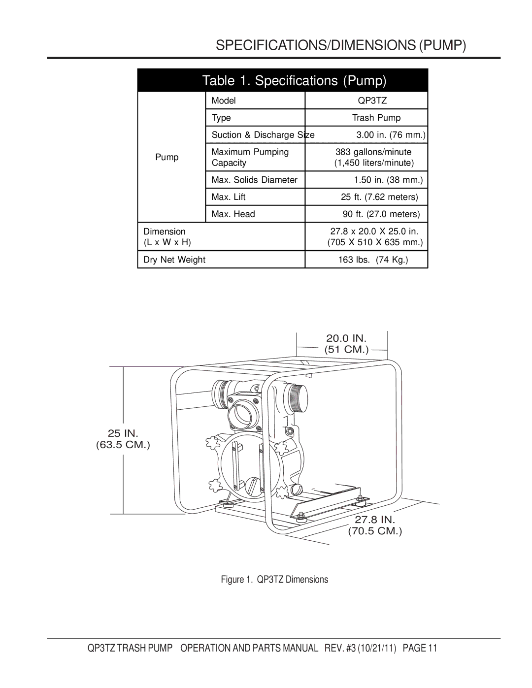 Multiquip QP3TZ manual SPECIFICATIONS/DIMENSIONS Pump, Specifications Pump 