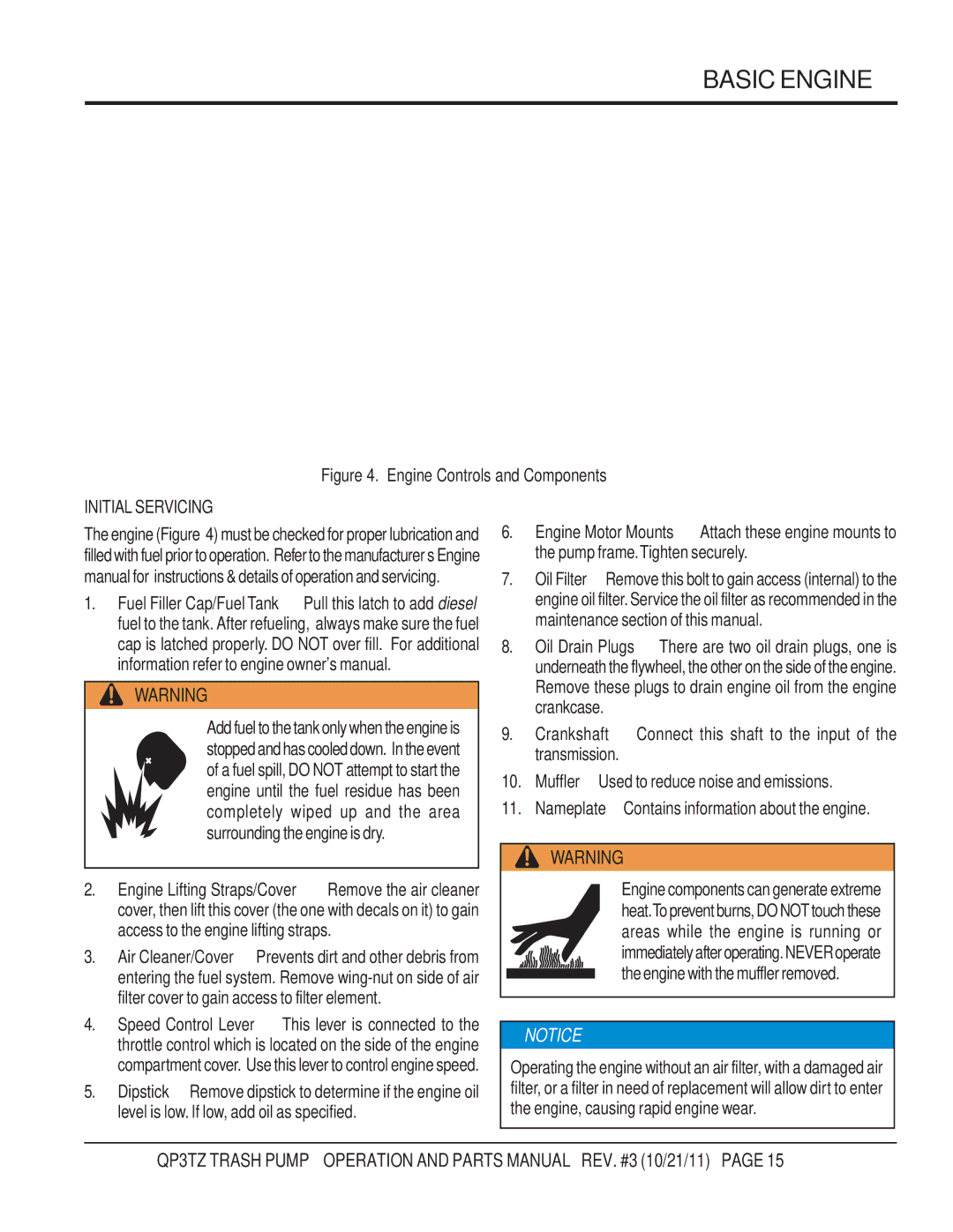 Multiquip QP3TZ manual Basic Engine, Initial Servicing 