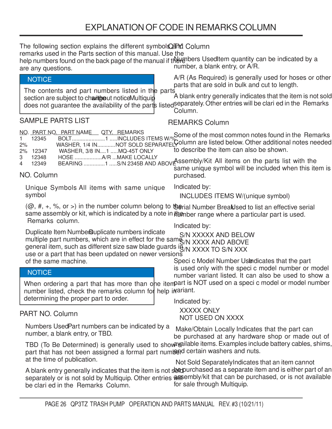 Multiquip QP3TZ manual Explanation of Code in Remarks Column, Xxxxx only Not Used on 