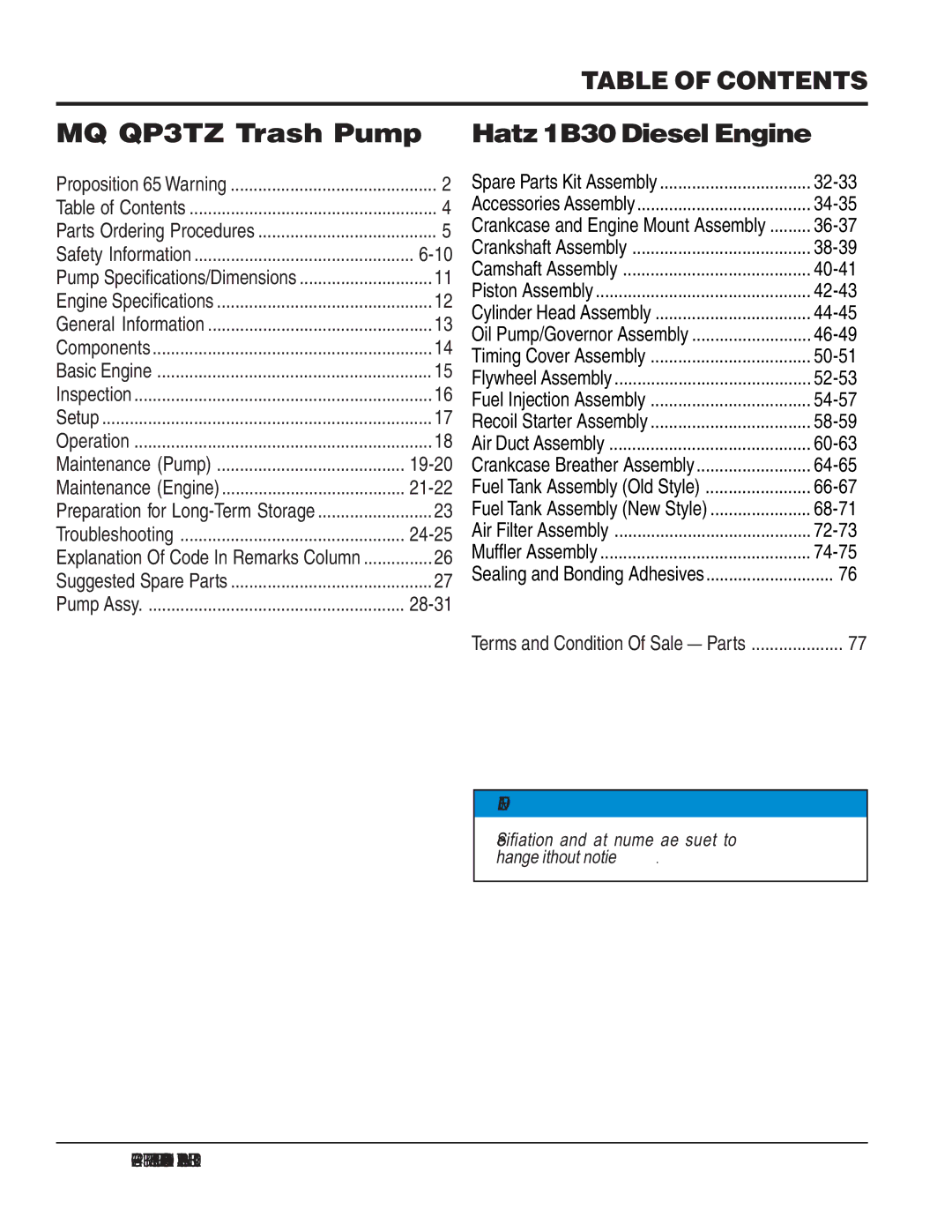 Multiquip manual MQ QP3TZ Trash Pump Hatz 1B30 Diesel Engine, Table of Contents 