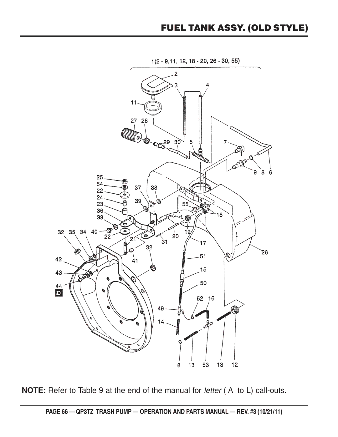 Multiquip QP3TZ manual Fuel Tank ASSY. OLD Style 