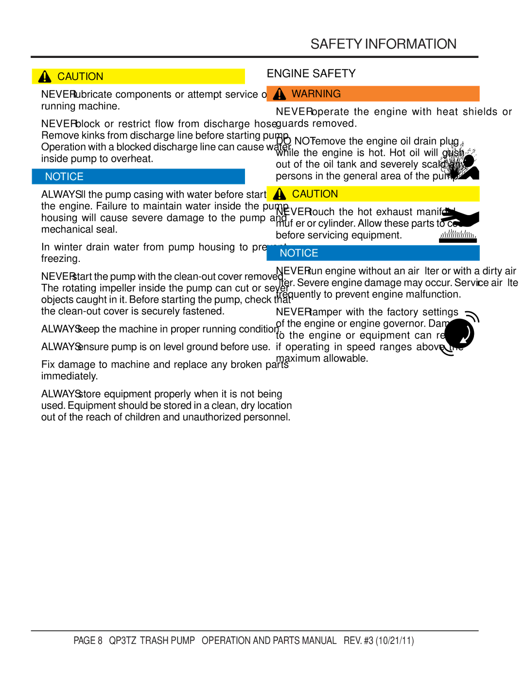 Multiquip QP3TZ manual Engine Safety 