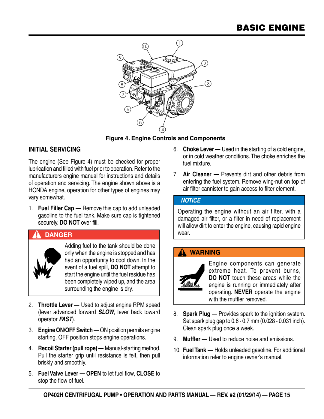 Multiquip qp402h manual Basic Engine, Initial Servicing, Muffler Used to reduce noise and emissions 